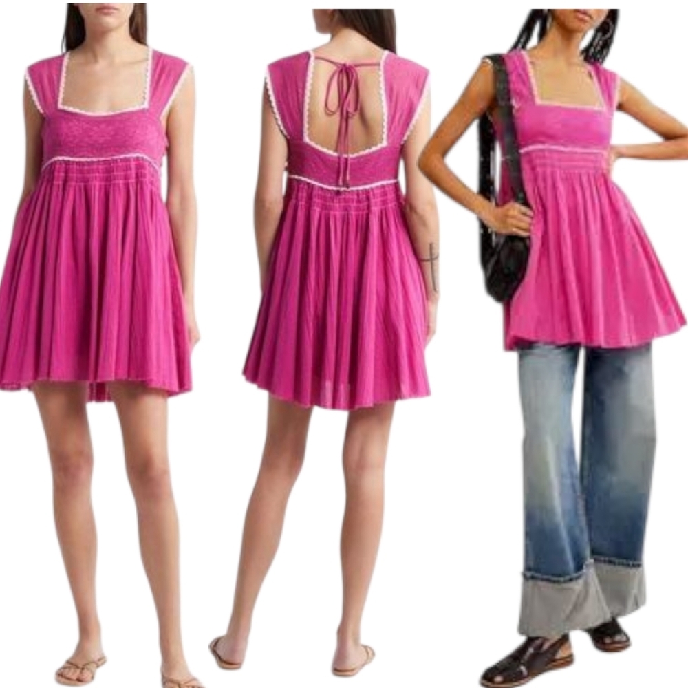 Free People Heartland Mini Dress Pink Lace Babydoll Boho sz L NWT - Picture 4 of 12